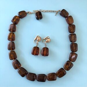 Crown TRIFARI Lucite Necklace & Dangle Clip On Earrings set Rootbeer color 60'